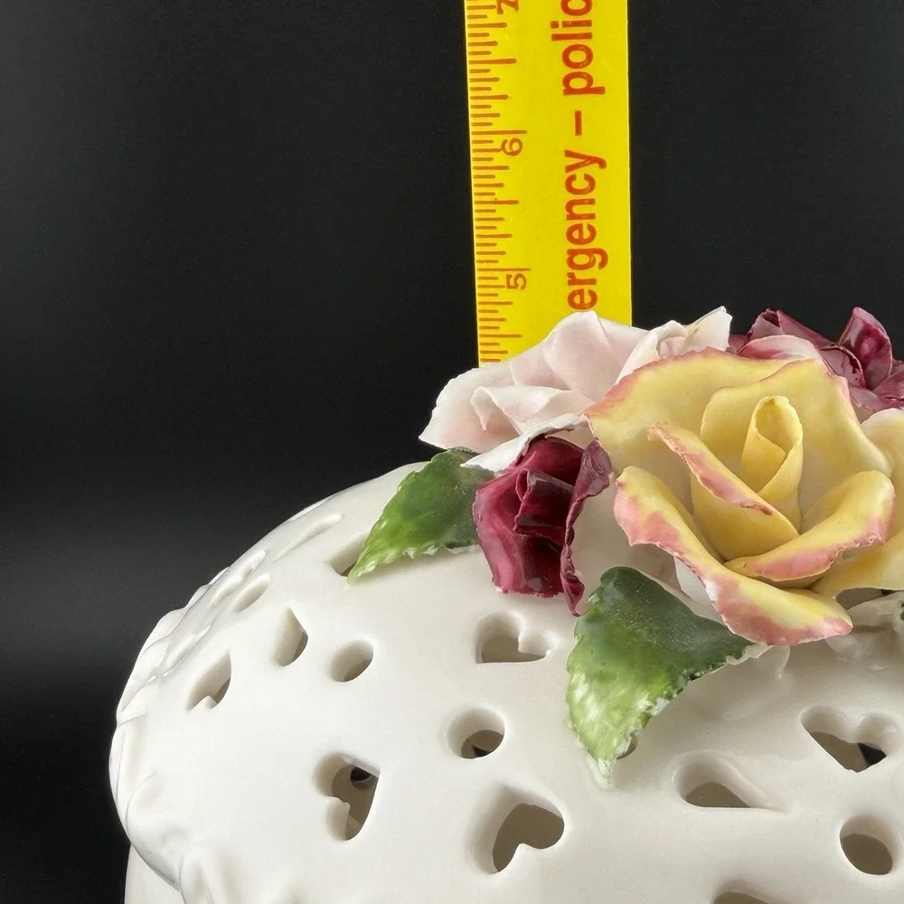 Vintage Porcelain Heart Trinket Potpourri Box Cutout Lattice Roses Excellent
